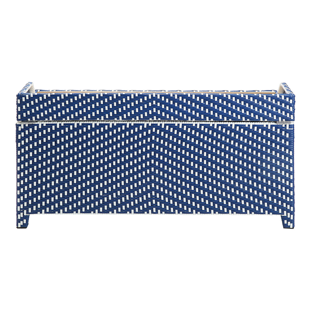 Greemotion Azur Beach Aluminum and All-Weather Wicker 41 in. Wide Storage Bench for Garden, Backyard, Patio, Pool Area, Porch, Navy Blue and White