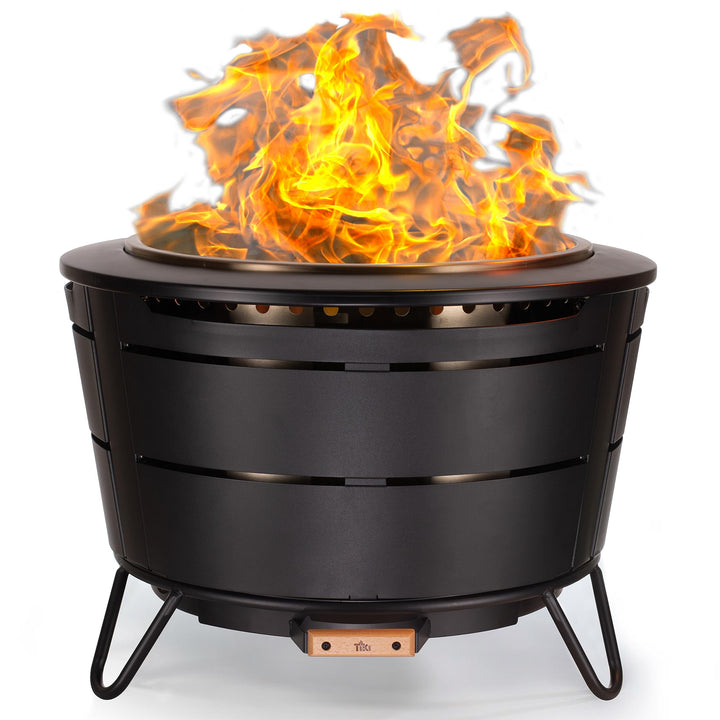 TIKI Brand Smokeless 27.5 in. Reunion Fire Pit, Large Wood Burning Outdoor Fire Pit, Great for Large Gatherings - Includes Modern Design with Removable Ash Pan and Weather Resistant Cover, Black