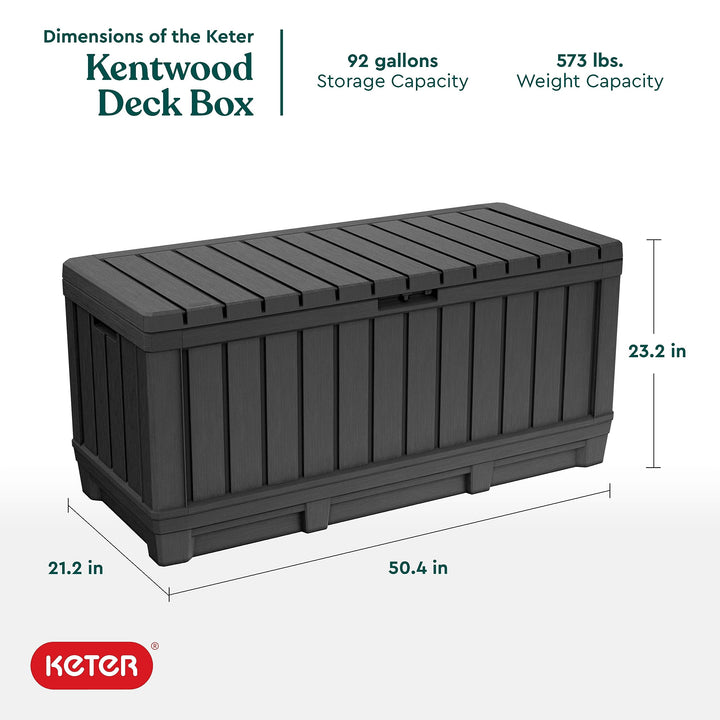 Keter Kentwood 92 Gallon Resin Deck Box-Organization and Storage for Patio Furniture Outdoor Cushions, Throw Pillows, Garden Tools and Pool Floats, Dark Grey