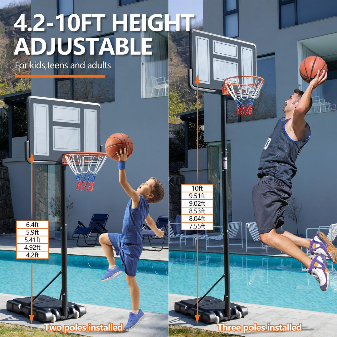 Sweetcrispy Outdoor Portable Basketball Hoop Goal Court System 4.2-10ft Adjustable Height 44 Inch Shatterproof Backboard Fillable Base with 2 Wheels for Kids Youth and Adults in Backyard Driveway