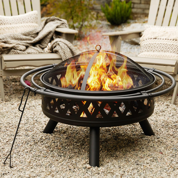 fissfire 35 Inch Fire Pit, Outdoor Wood Burning Fire Pit Crossweave with Spark Screen Fire Poker with 2 Loops, for Backyard Patio Garden Bonfire, Black