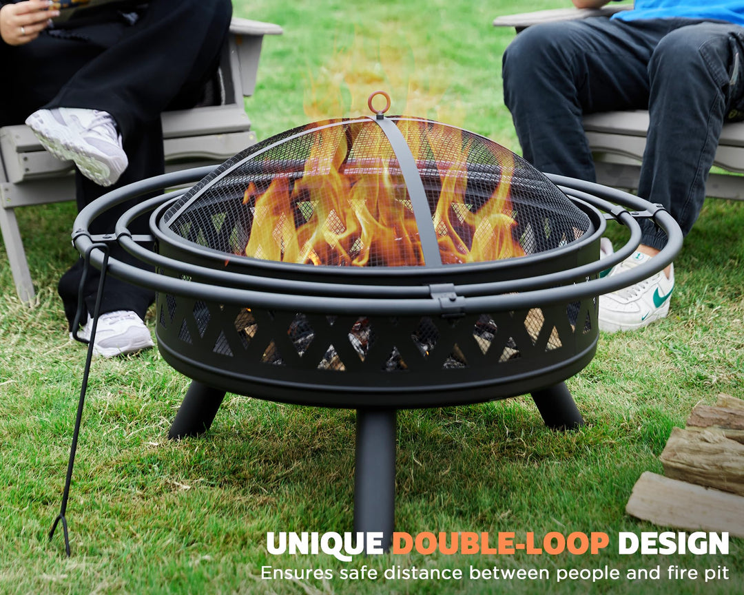 fissfire 35 Inch Fire Pit, Outdoor Wood Burning Fire Pit Crossweave with Spark Screen Fire Poker with 2 Loops, for Backyard Patio Garden Bonfire, Black