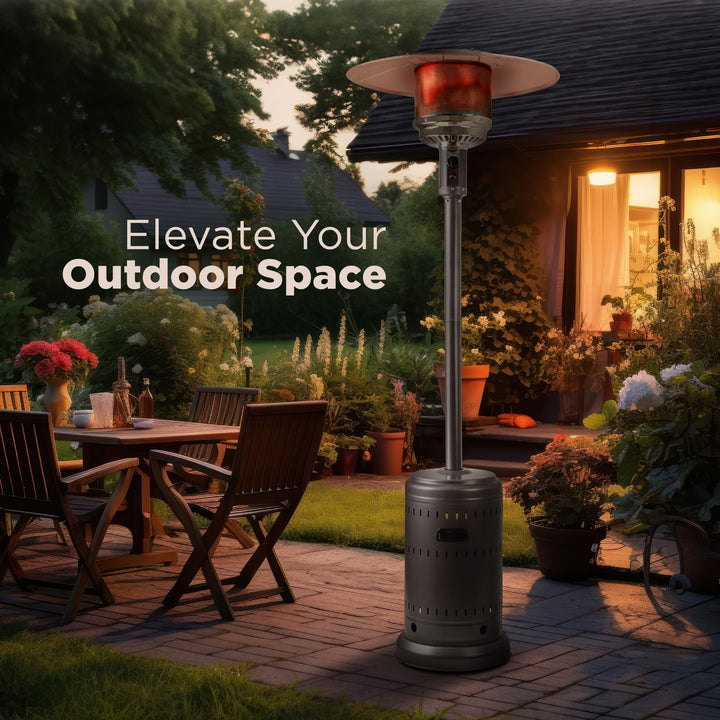 Amazon Basics 46,000 BTU Outdoor Propane Patio Heater with Wheels, Commercial & Residential, Slate Gray, 32.1 x 32.1 x 91.3 inches (LxWxH)