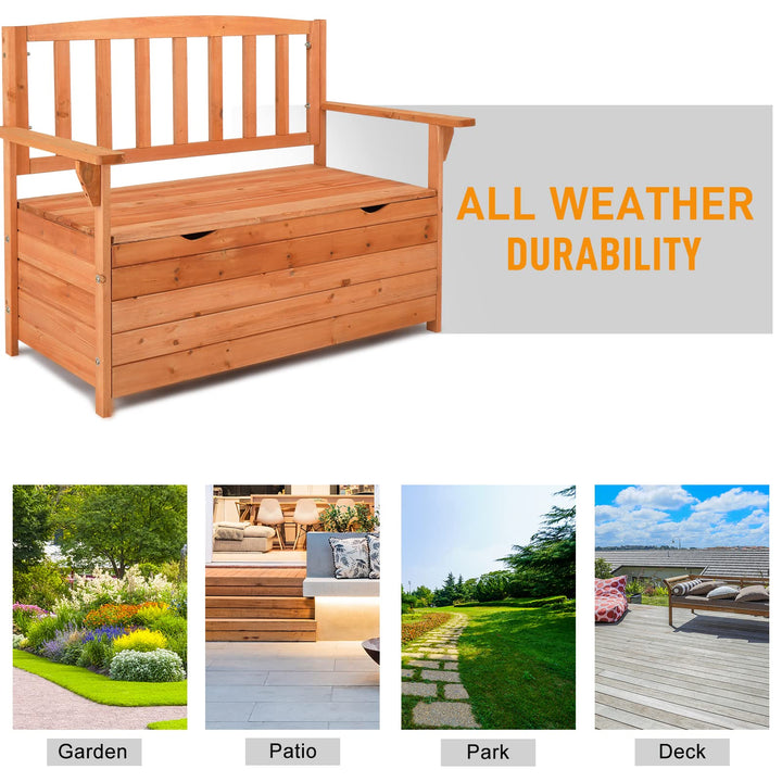 Outvita Outdoor Wood Storage Bench, Wooden Large Deck Box with Seating & Armrest, Waterproof Patio Organizer Loveseat for Garden Porch Deck Backyard Poolside, Natural