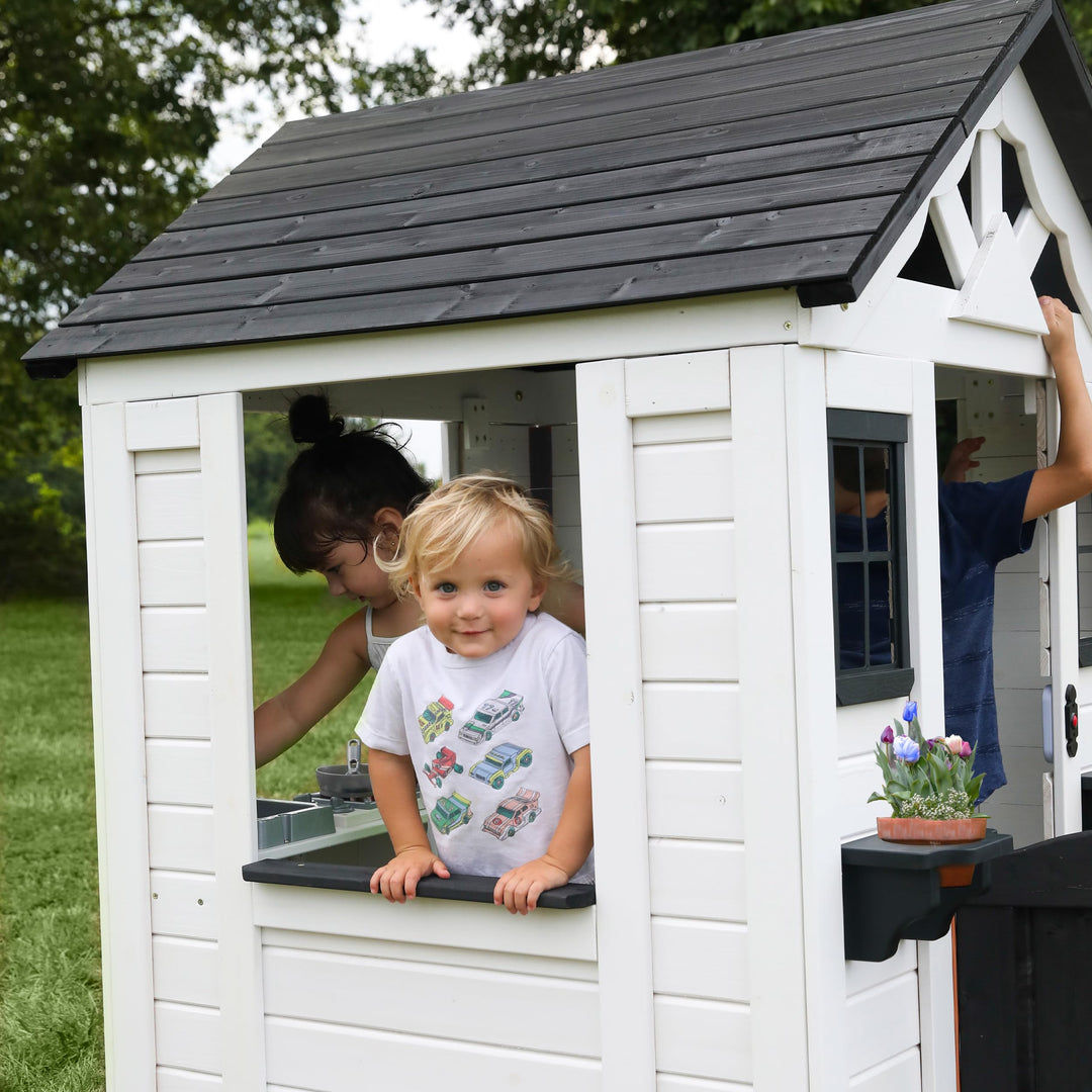 Backyard Discovery Sweetwater All Cedar White Modern Outdoor Wooden Playhouse, Cottage, Sink, Stove, Windows, Kitchen with Pot and Pans and Utensils, Flowerpot Holders, Working Doorbell, Ages 2-6