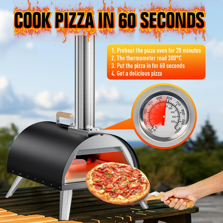 Multi-Fuel Pizza Oven Outdoor, 12" Portable Wood and Gas Fired Pizza Oven with Thermometer,Gas Hose & Pizza Stone,Heats up to 1000°F,Stainless Steel Pizza Oven for Backyard or Camping (Black)