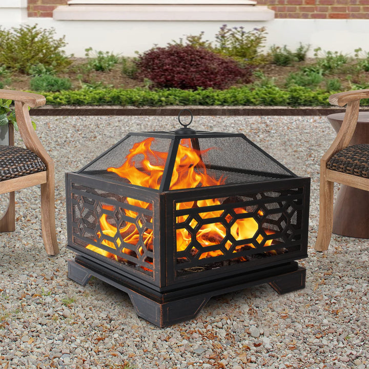 Hykolity 26 Inch Outdoor Fire Pit Square Extra Deep Wood Burning Firepits Large Bonfire with Cooking Grate & Poker for Outside, Patio, Backyard