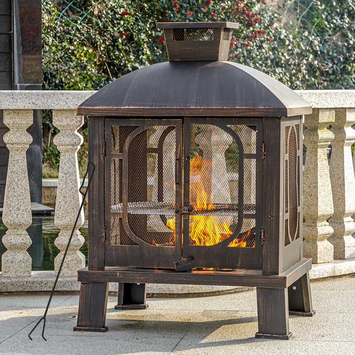 Panovue 45" H×31''W Metal Chiminea Fire Pit with Grill, Wood Burning Fire Pits for Outside,Square Chimineas Fireplace with Mesh Spark Screen Door& Fire Poker for Garden,Yard,BBQ,Bonfire