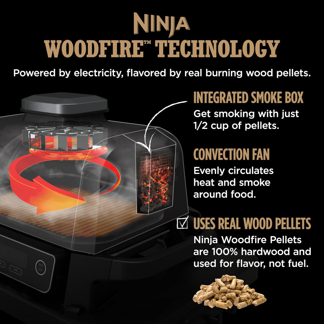 Ninja, Woodfire Pro Outdoor Grill and Smoker, Thermometer, BBQ Smoker, Air Fryer, Bake, Roast, Dehydrate, Broil, 7-in-1, Master Grill, Ninja Woodfire Pellets, Portable, Electric Grill, Grey, OG751BRN