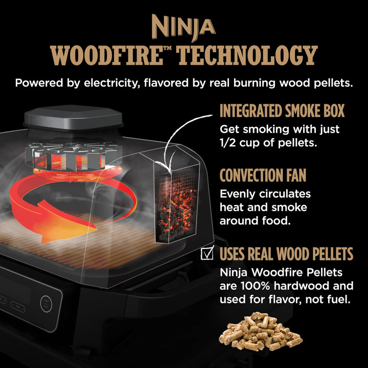 Ninja, Woodfire Pro Outdoor Grill and Smoker, Thermometer, BBQ Smoker, Air Fryer, Bake, Roast, Dehydrate, Broil, 7-in-1, Master Grill, Ninja Woodfire Pellets, Portable, Electric Grill, Grey, OG751BRN