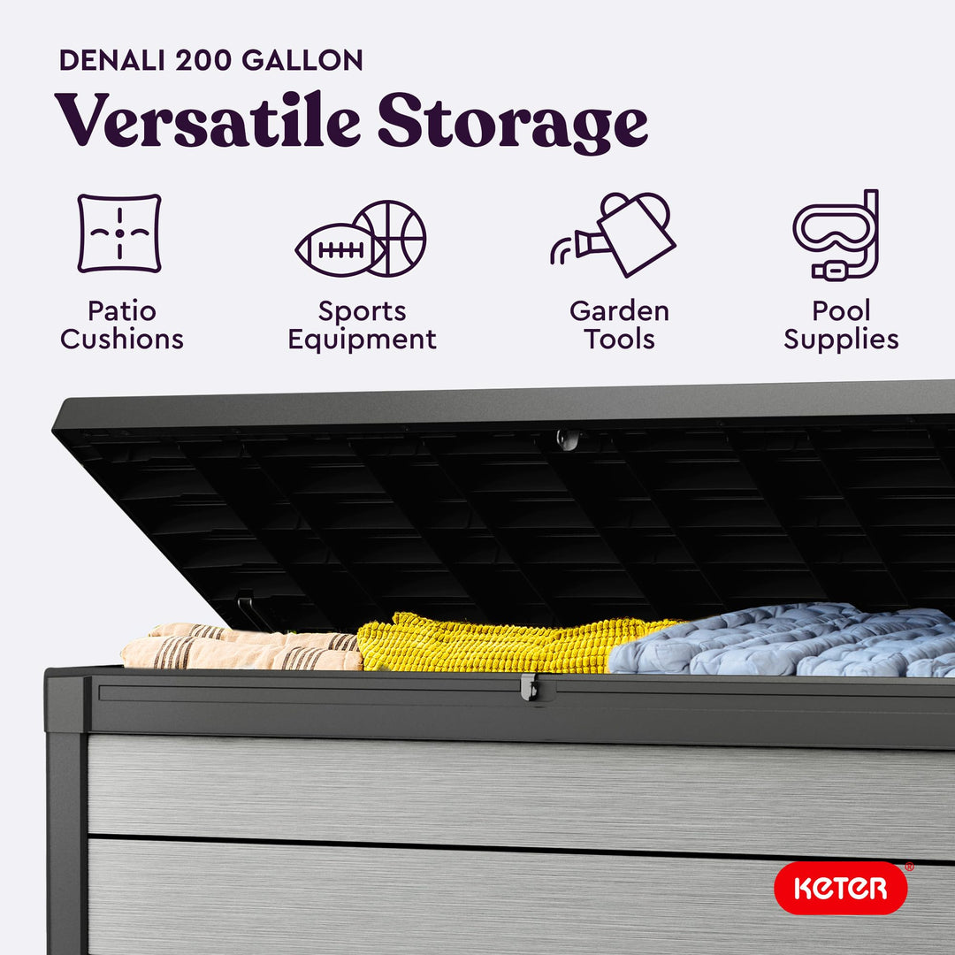 Keter Denali 200 Gallon Resin Large Deck Box with Double Wall 20mm Panels - Paintable and Drillable-Organization and Storage for Patio Furniture and Outdoor Items, Grey & Black