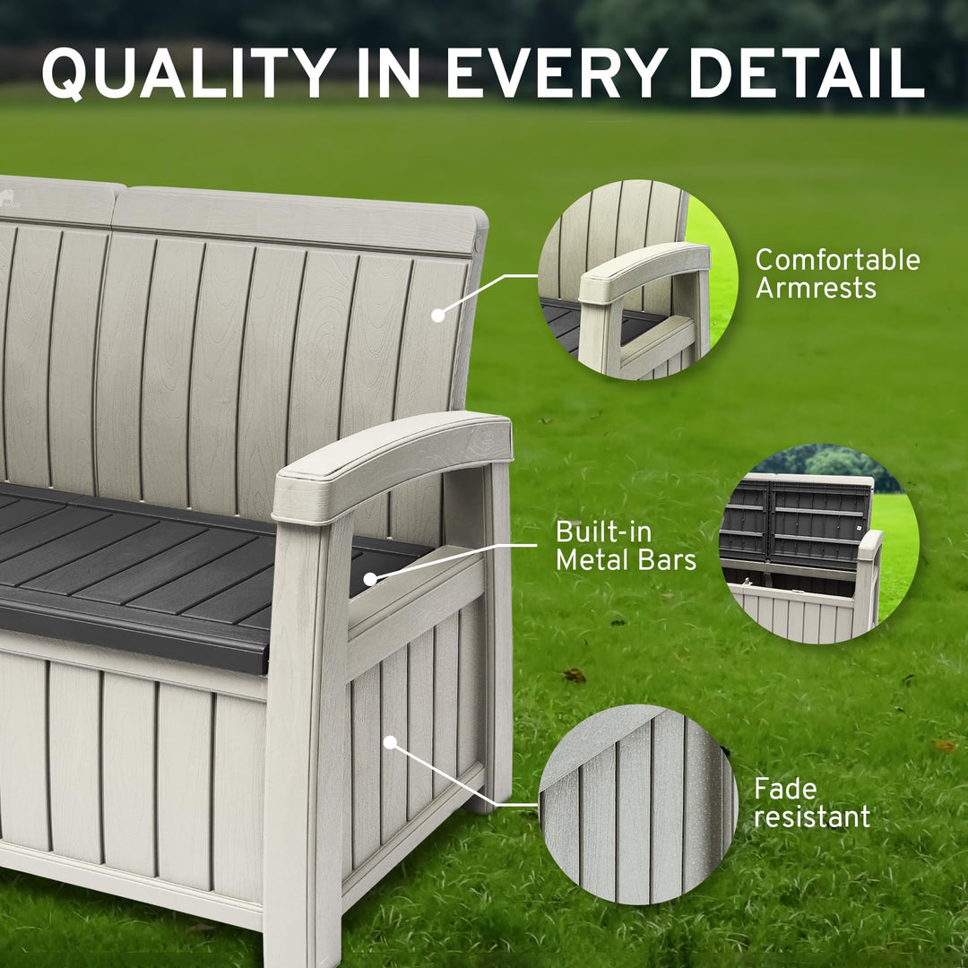 EconoHome 3 Seat Outdoor Storage Bench - 90 Gallon Capacity - Weatherproof Resin Bench for Patio, Porch, Garden, Yard, Pool Area - Furniture for Pool Accessories, Gardening Tools, Toys