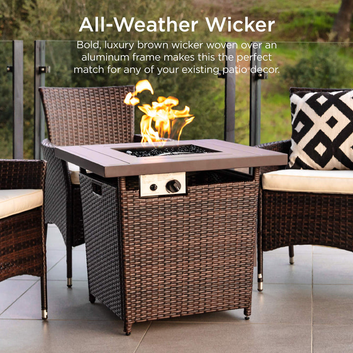 Best Choice Products 28in Gas Fire Pit Table, 50,000 BTU Outdoor Wicker Patio Propane Firepit w/Faux Wood Tabletop, Clear Glass Rocks, Cover, Hideaway Tank Holder, Lid - Brown