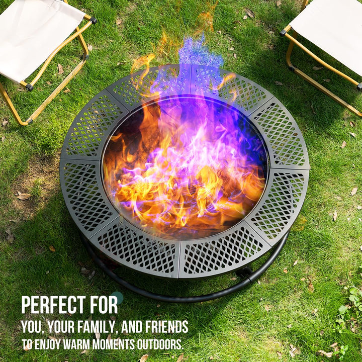 Panovue 36 Inch Fire Pit with Grill, Wood Burning Fire Pits for Outside with Lid& Fire Poker, Round Metal Fire Pit Table 3 in 1 with Cooking Grate,Outdoor Fire Pit for Yard Patio Bonfire Camping,Black