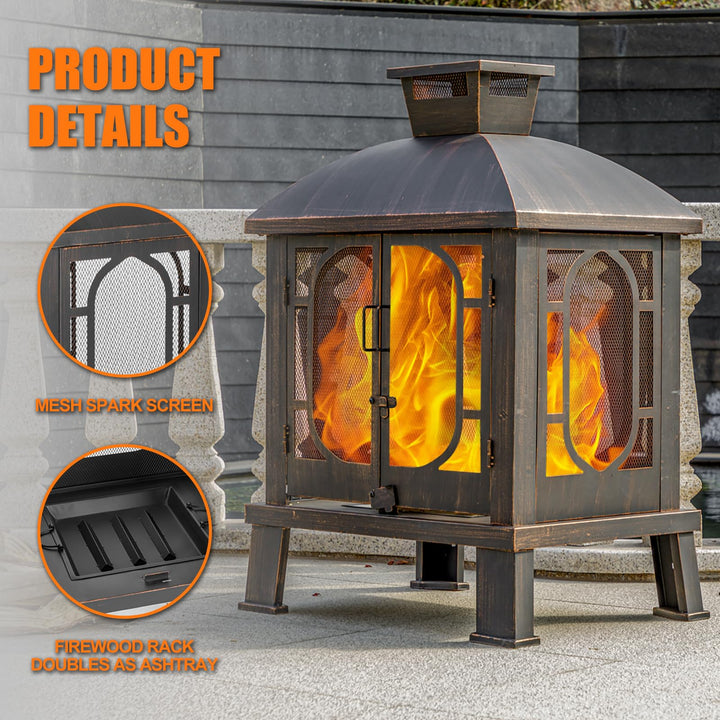 Panovue 45" H×31''W Metal Chiminea Fire Pit with Grill, Wood Burning Fire Pits for Outside,Square Chimineas Fireplace with Mesh Spark Screen Door& Fire Poker for Garden,Yard,BBQ,Bonfire