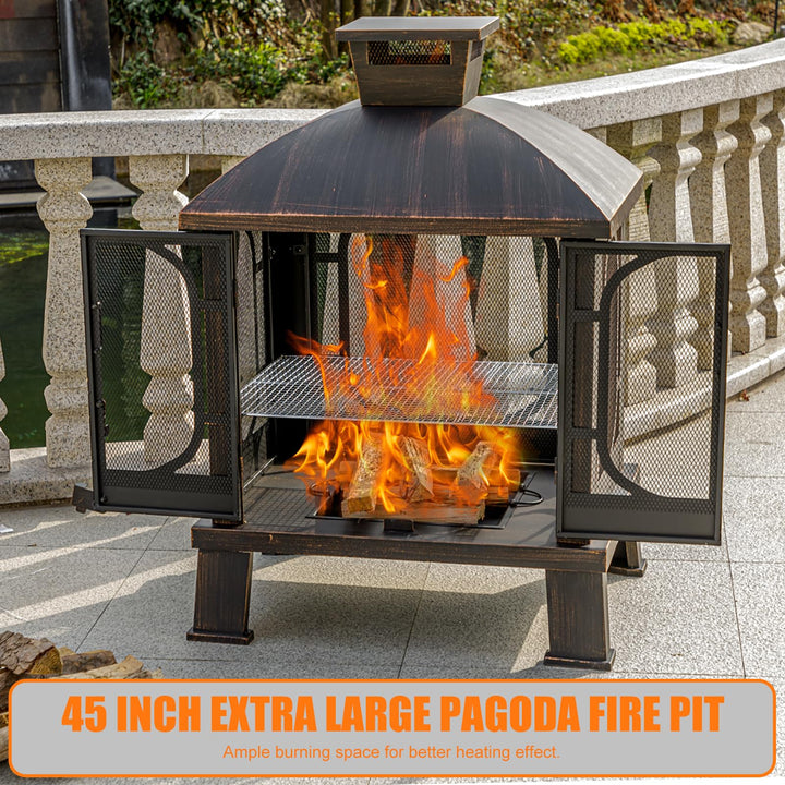 Panovue 45" H×31''W Metal Chiminea Fire Pit with Grill, Wood Burning Fire Pits for Outside,Square Chimineas Fireplace with Mesh Spark Screen Door& Fire Poker for Garden,Yard,BBQ,Bonfire