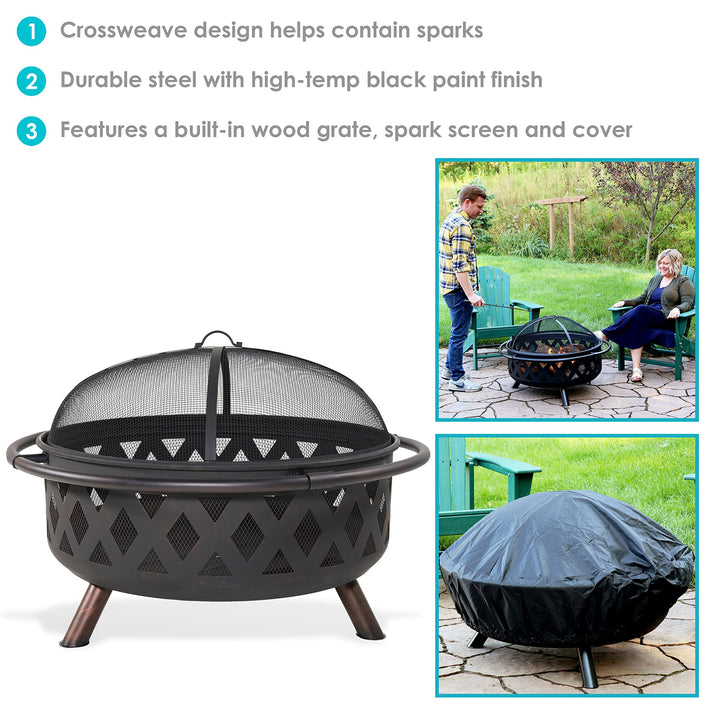 Sunnydaze Black Crossweave Steel Wood-Burning Outdoor Fire Pit - Includes Spark Screen, Poker and Cover - 36-Inch Round