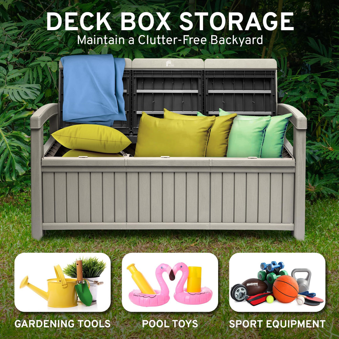 EconoHome 3 Seat Outdoor Storage Bench - 90 Gallon Capacity - Weatherproof Resin Bench for Patio, Porch, Garden, Yard, Pool Area - Furniture for Pool Accessories, Gardening Tools, Toys