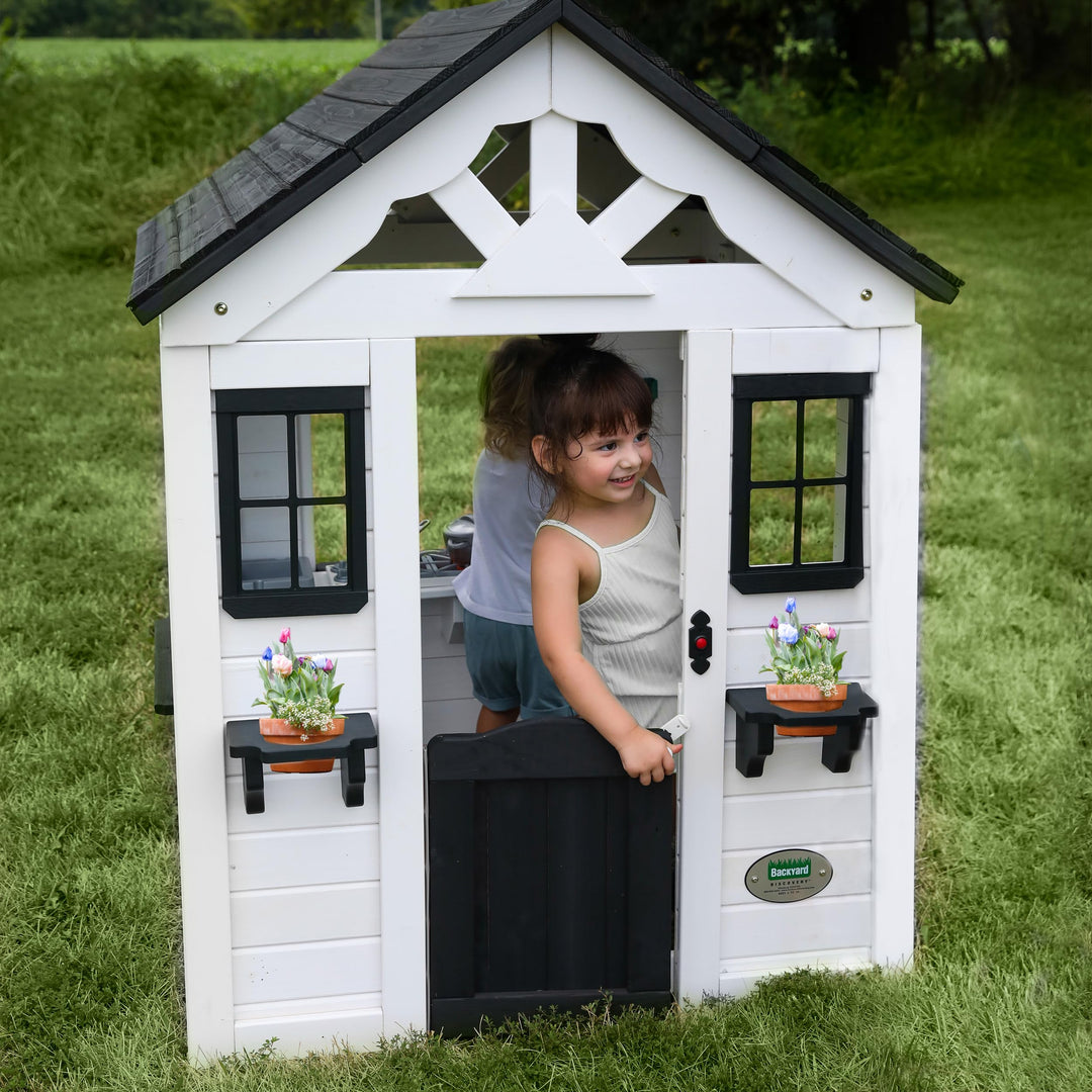 Backyard Discovery Sweetwater All Cedar White Modern Outdoor Wooden Playhouse, Cottage, Sink, Stove, Windows, Kitchen with Pot and Pans and Utensils, Flowerpot Holders, Working Doorbell, Ages 2-6