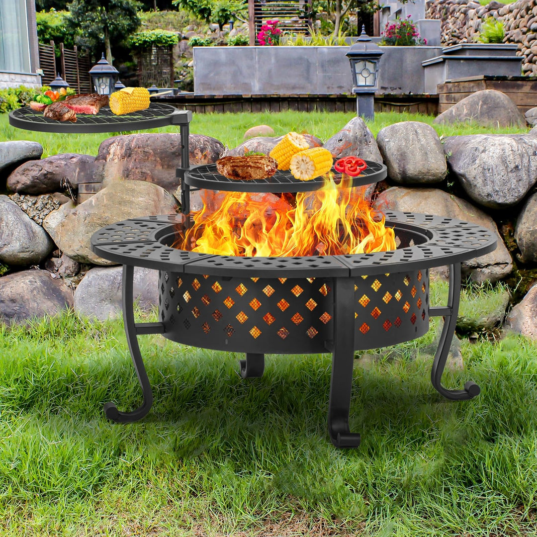 Panovue 42 Inch Fire Pit with 2 BBQ Grills, Wood Burning Fire Pits for Outside with Lid & Fire Poker, BBQ& Outdoor Firepit & Round Metal Table 3 in 1 for Patio, Picnic, Party