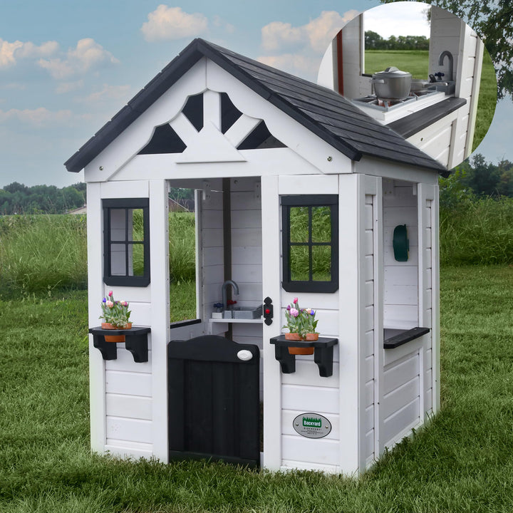 Backyard Discovery Sweetwater All Cedar White Modern Outdoor Wooden Playhouse, Cottage, Sink, Stove, Windows, Kitchen with Pot and Pans and Utensils, Flowerpot Holders, Working Doorbell, Ages 2-6