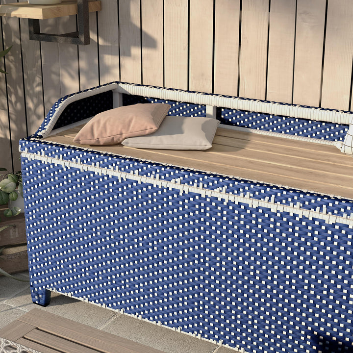 Greemotion Azur Beach Aluminum and All-Weather Wicker 41 in. Wide Storage Bench for Garden, Backyard, Patio, Pool Area, Porch, Navy Blue and White