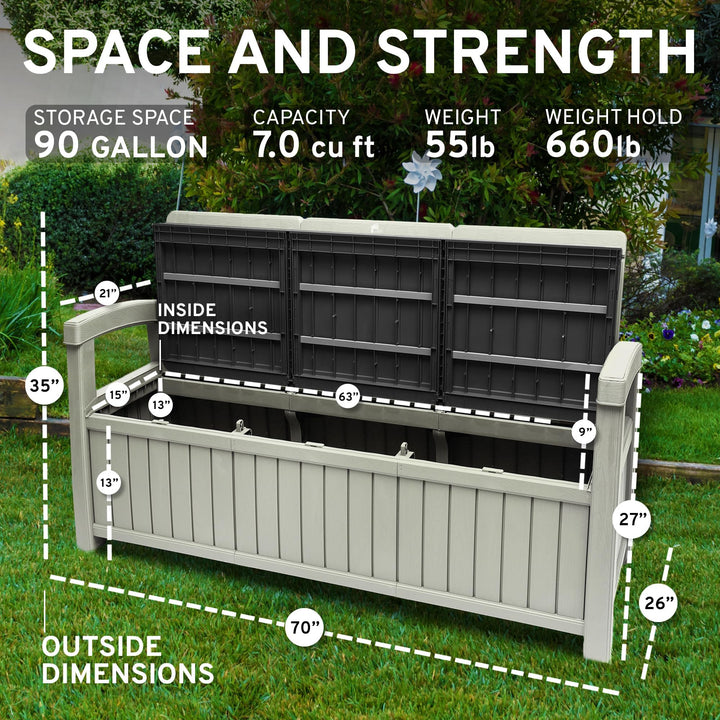 EconoHome 3 Seat Outdoor Storage Bench - 90 Gallon Capacity - Weatherproof Resin Bench for Patio, Porch, Garden, Yard, Pool Area - Furniture for Pool Accessories, Gardening Tools, Toys