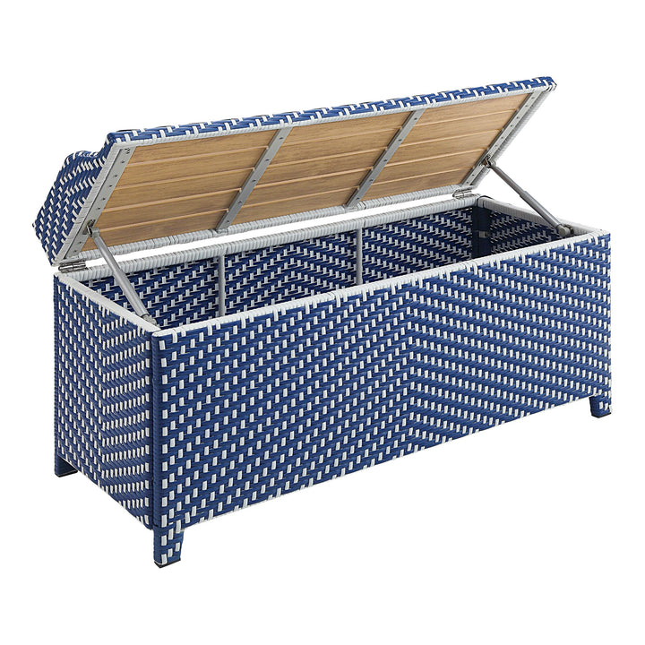 Greemotion Azur Beach Aluminum and All-Weather Wicker 41 in. Wide Storage Bench for Garden, Backyard, Patio, Pool Area, Porch, Navy Blue and White