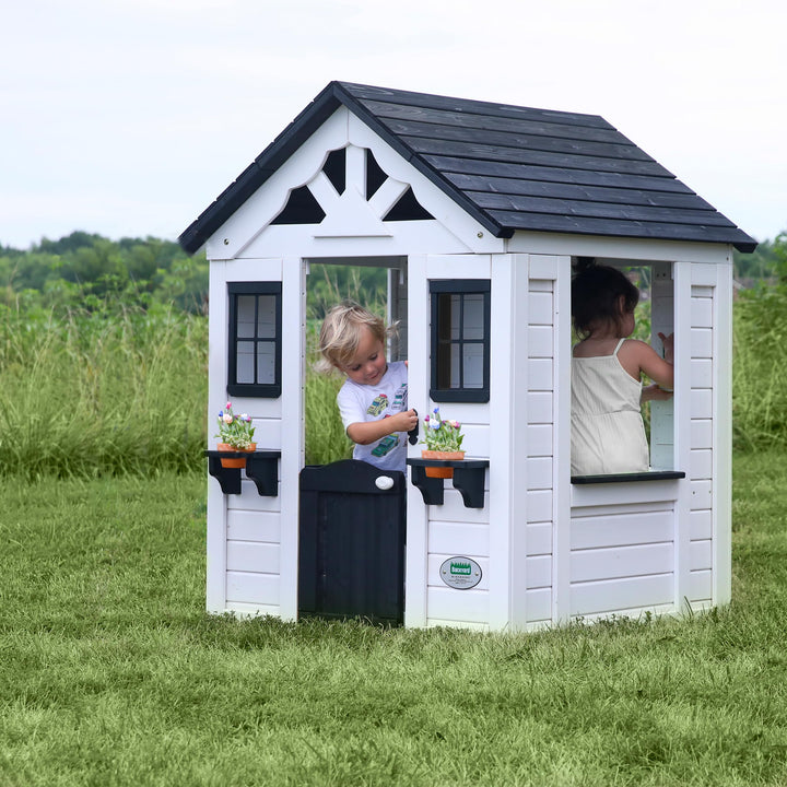 Backyard Discovery Sweetwater All Cedar White Modern Outdoor Wooden Playhouse, Cottage, Sink, Stove, Windows, Kitchen with Pot and Pans and Utensils, Flowerpot Holders, Working Doorbell, Ages 2-6