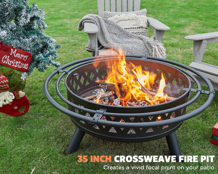 fissfire 35 Inch Fire Pit, Outdoor Wood Burning Fire Pit Crossweave with Spark Screen Fire Poker with 2 Loops, for Backyard Patio Garden Bonfire, Black