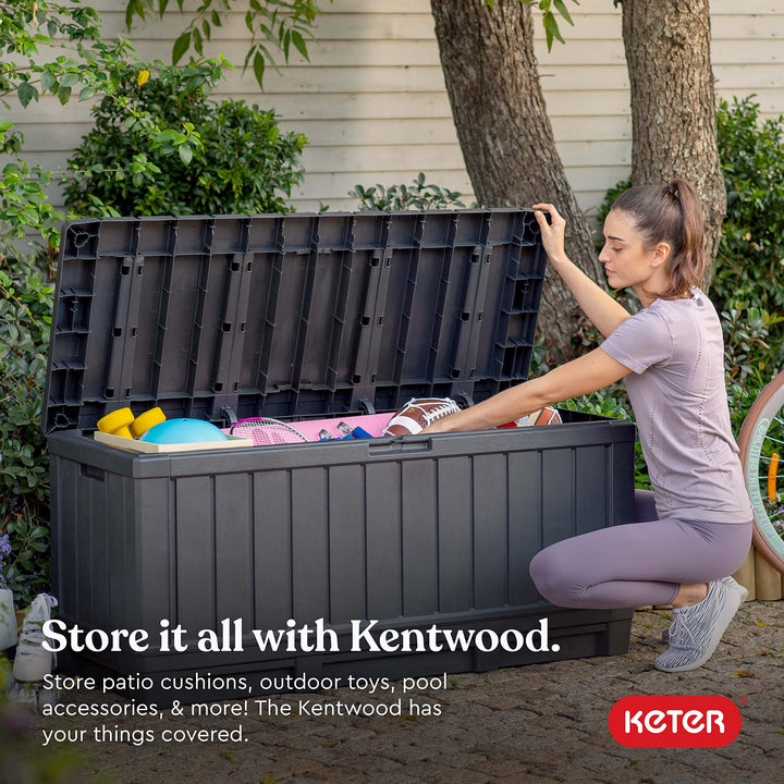 Keter Kentwood 92 Gallon Resin Deck Box-Organization and Storage for Patio Furniture Outdoor Cushions, Throw Pillows, Garden Tools and Pool Floats, Dark Grey