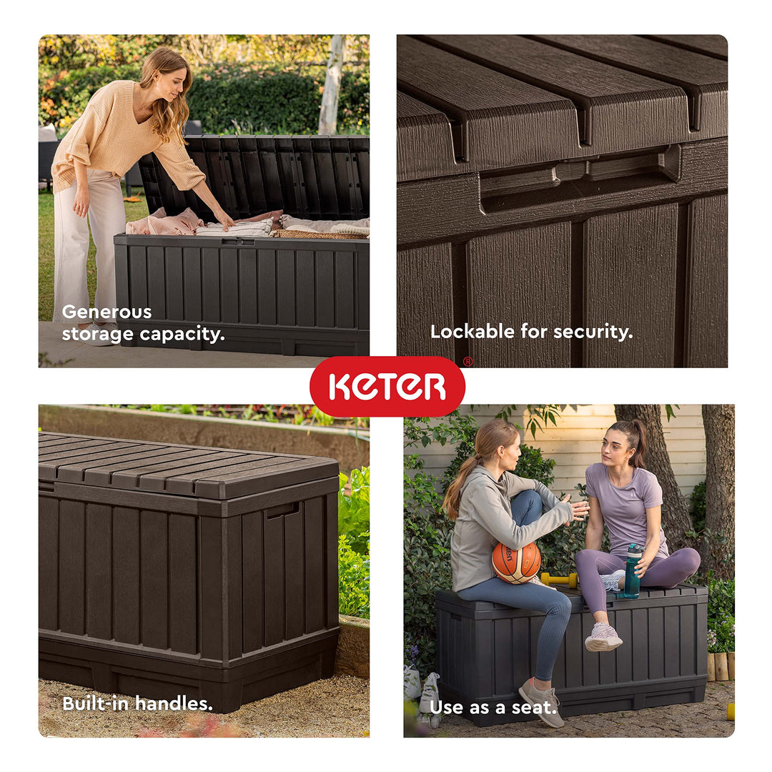 Keter Kentwood 92 Gallon Resin Deck Box-Organization and Storage for Patio Furniture Outdoor Cushions, Throw Pillows, Garden Tools and Pool Floats, Dark Grey