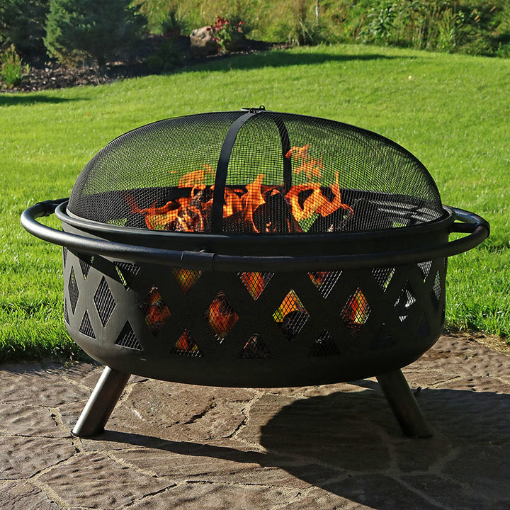 Sunnydaze Black Crossweave Steel Wood-Burning Outdoor Fire Pit - Includes Spark Screen, Poker and Cover - 36-Inch Round