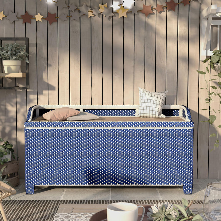 Greemotion Azur Beach Aluminum and All-Weather Wicker 41 in. Wide Storage Bench for Garden, Backyard, Patio, Pool Area, Porch, Navy Blue and White