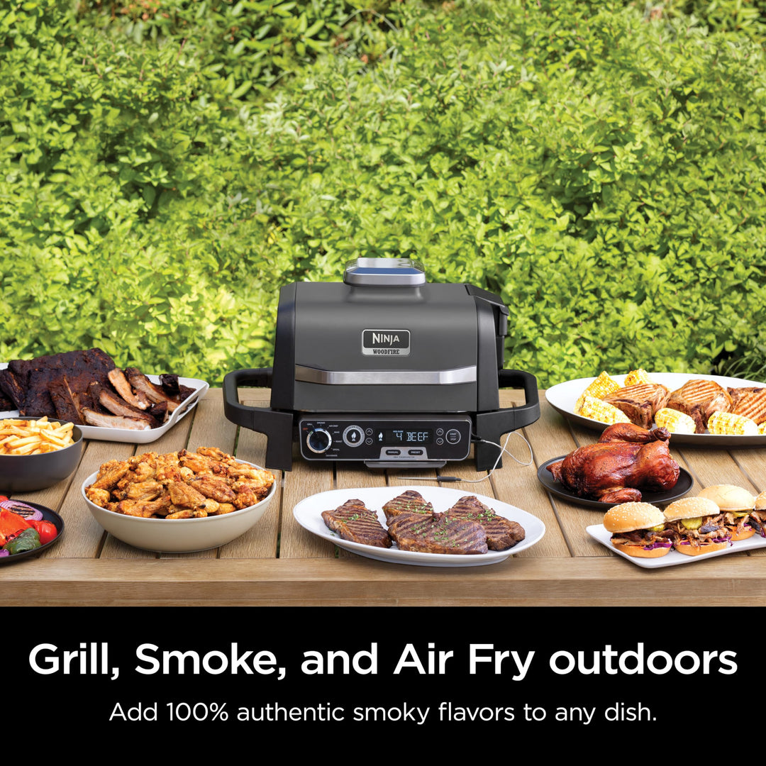 Ninja, Woodfire Pro Outdoor Grill and Smoker, Thermometer, BBQ Smoker, Air Fryer, Bake, Roast, Dehydrate, Broil, 7-in-1, Master Grill, Ninja Woodfire Pellets, Portable, Electric Grill, Grey, OG751BRN