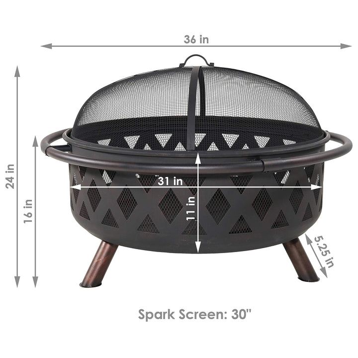 Sunnydaze Black Crossweave Steel Wood-Burning Outdoor Fire Pit - Includes Spark Screen, Poker and Cover - 36-Inch Round