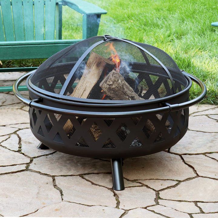 Sunnydaze Black Crossweave Steel Wood-Burning Outdoor Fire Pit - Includes Spark Screen, Poker and Cover - 36-Inch Round