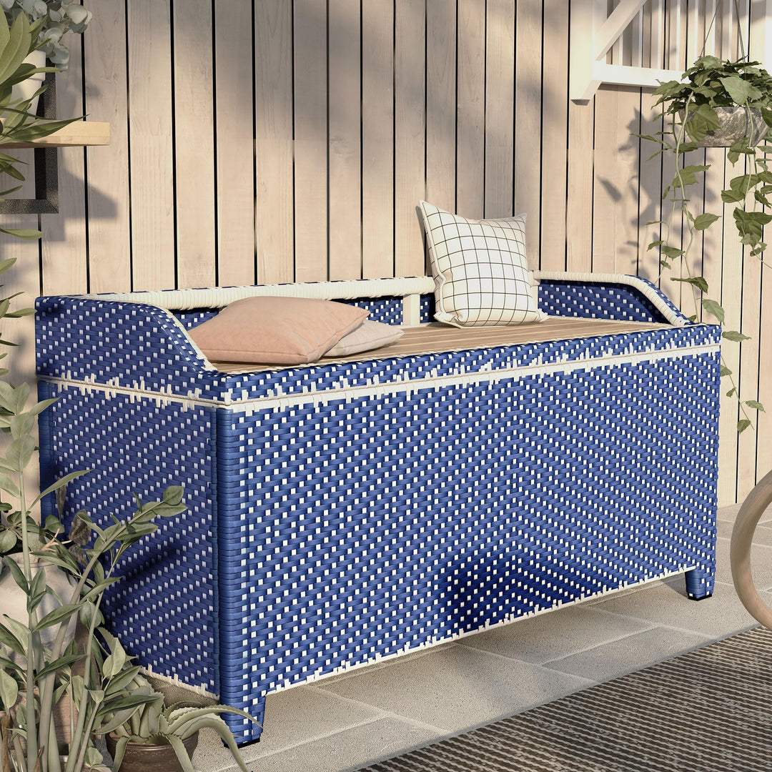 Greemotion Azur Beach Aluminum and All-Weather Wicker 41 in. Wide Storage Bench for Garden, Backyard, Patio, Pool Area, Porch, Navy Blue and White