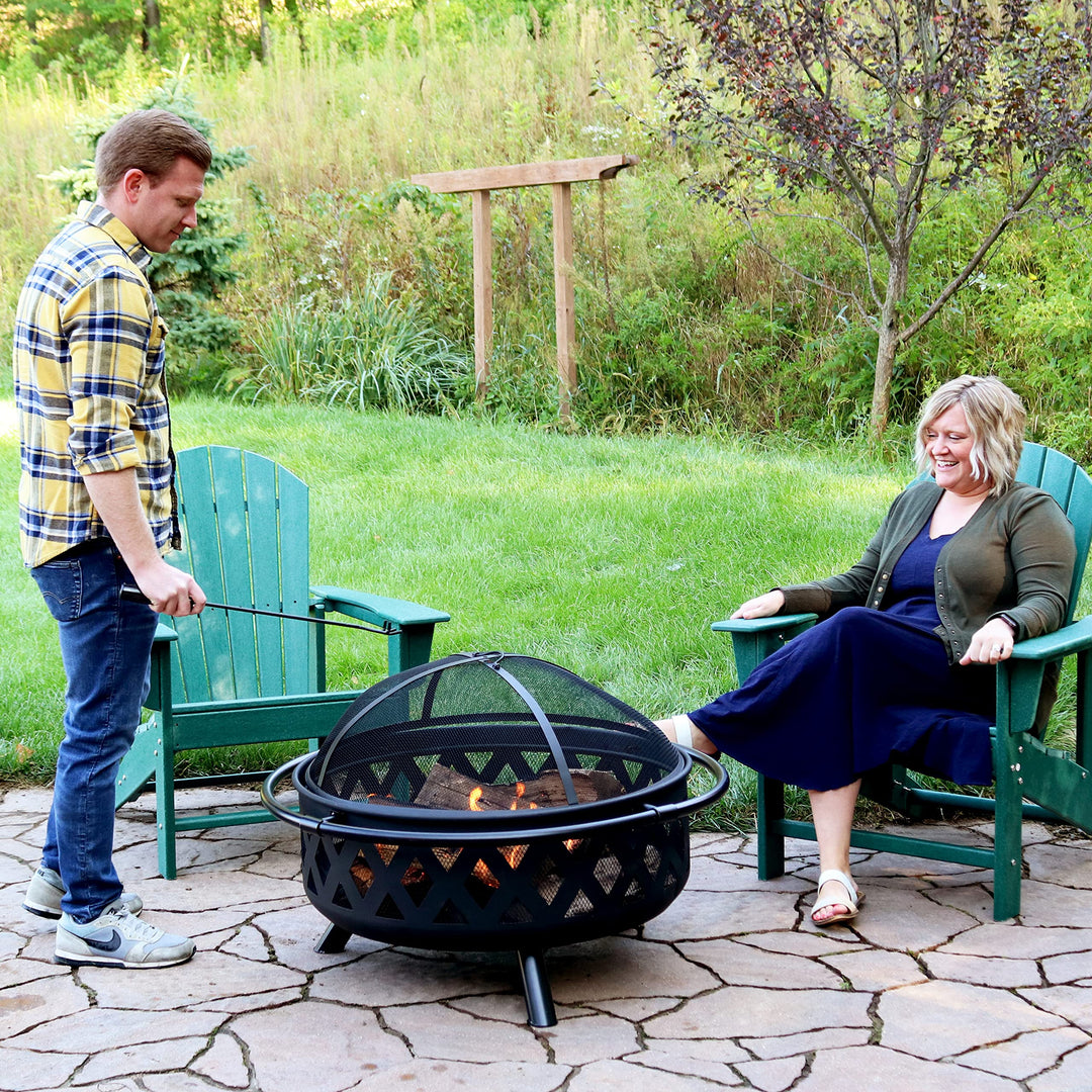 Sunnydaze Black Crossweave Steel Wood-Burning Outdoor Fire Pit - Includes Spark Screen, Poker and Cover - 36-Inch Round